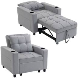 HOMCOM 3-in-1 Sofa Bed, Convertible Sleeper Chair with Adjustable Backrest in Light Grey - Size: 1 Seater - thumbnail 2