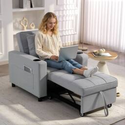 HOMCOM 3-in-1 Sofa Bed, Convertible Sleeper Chair with Adjustable Backrest in Light Grey - Size: 1 Seater - thumbnail 1