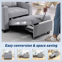 HOMCOM 3-in-1 Sofa Bed, Convertible Sleeper Chair with Adjustable Backrest in Light Grey - Size: 1 Seater - thumbnail 4