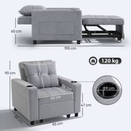 HOMCOM 3-in-1 Sofa Bed, Convertible Sleeper Chair with Adjustable Backrest in Light Grey - Size: 1 Seater - thumbnail 3