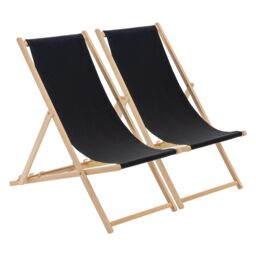 Harbour Housewares 2x Traditional Wooden Deck Chairs - Folding Garden Beach Lounge Chair in Black
