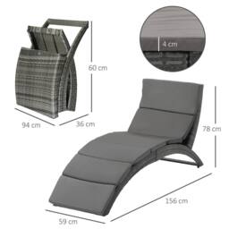 OUTSUNNY Garden Rattan Sun Lounger Foldable Patio Chaise Chair in Grey - thumbnail 3