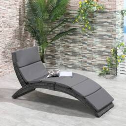 OUTSUNNY Garden Rattan Sun Lounger Foldable Patio Chaise Chair in Grey - thumbnail 1