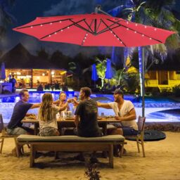 Costway 3 x 3m Cantilever Parasol Patio Offset Umbrella w/ 32 Solar Powered LED Lights in Wine - thumbnail 5
