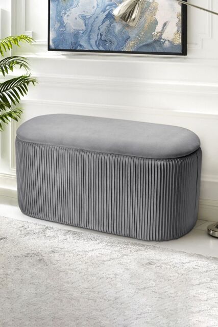 Living and Home Maliyah Velvet Oval Storage Footstool in Grey - image 1