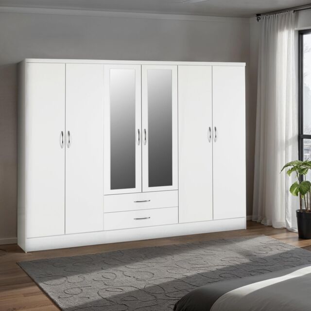 Seconique Nevada 6 Door 2 Drawer Mirrored Wardrobe in White - image 1