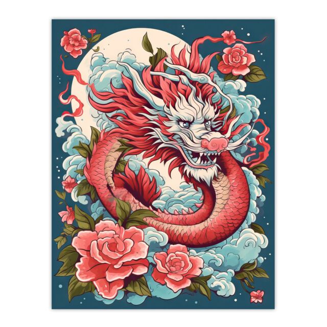 "Artery8 Wall Art Print Fantasy Dragon Floral Red Blue Roses 2024 China Year Of The Dragon Poster - Size: W18"" x H24""" - image 1