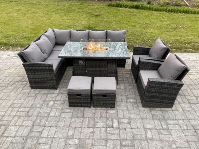 Fimous 10 Seater Rattan Garden Furniture High Back Corner Sofa Gas Fire Pit Dining Table Sets Gas Heater with Armchair 2 Footstools in Dark Grey - image 1