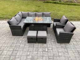 Fimous 10 Seater Rattan Garden Furniture High Back Corner Sofa Gas Fire Pit Dining Table Sets Gas Heater with Armchair 2 Footstools in Dark Grey - thumbnail 1