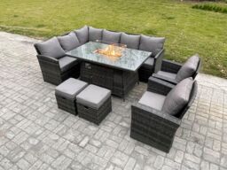 Fimous 10 Seater Rattan Garden Furniture High Back Corner Sofa Gas Fire Pit Dining Table Sets Gas Heater with Armchair 2 Footstools in Dark Grey - thumbnail 2