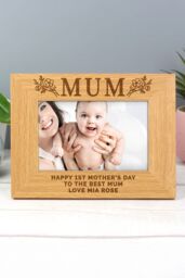 Personalised Memento Company Women's Personalised Floral Mum 6x4 Oak Finish Photo Frame in Light Brown - thumbnail 4