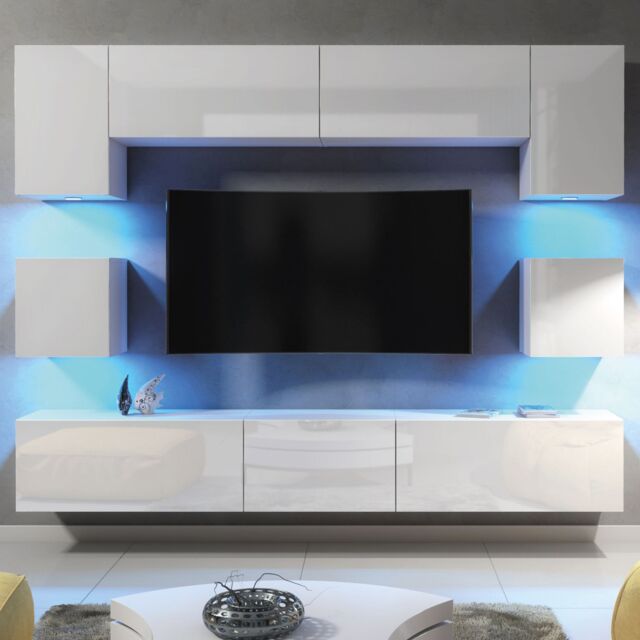 Mex Furniture LTD TV Wall Unit with LED Lighting & Gloss Doors / 242cm in White - image 1