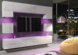 Mex Furniture LTD TV Wall Unit with LED Lighting & Gloss Doors / 242cm in White - thumbnail 6