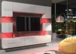 Mex Furniture LTD TV Wall Unit with LED Lighting & Gloss Doors / 242cm in White - thumbnail 4