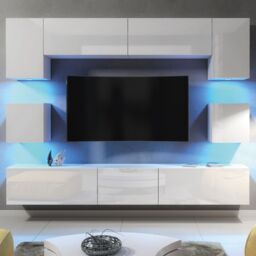 Mex Furniture LTD TV Wall Unit with LED Lighting & Gloss Doors / 242cm in White - thumbnail 1