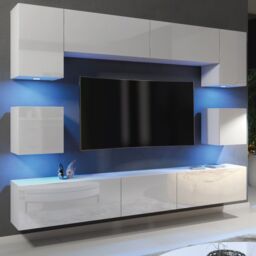Mex Furniture LTD TV Wall Unit with LED Lighting & Gloss Doors / 242cm in White - thumbnail 3