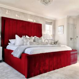 "UK Bed Furniture Geneva Upholstered Bed Frame with 54"" Headboard - Slatted Base in Maroon - Size: King" - thumbnail 1