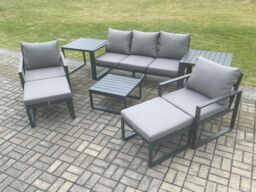Fimous Aluminium Outdoor Lounge Sofa Set Garden Furniture Sets with Square Coffee Table 2 Chairs 2 Big Footstools 2 Side Tables Dark Grey 7 Seater - thumbnail 2