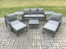 Fimous Aluminium Outdoor Lounge Sofa Set Garden Furniture Sets with Square Coffee Table 2 Chairs 2 Big Footstools 2 Side Tables Dark Grey 7 Seater - thumbnail 1