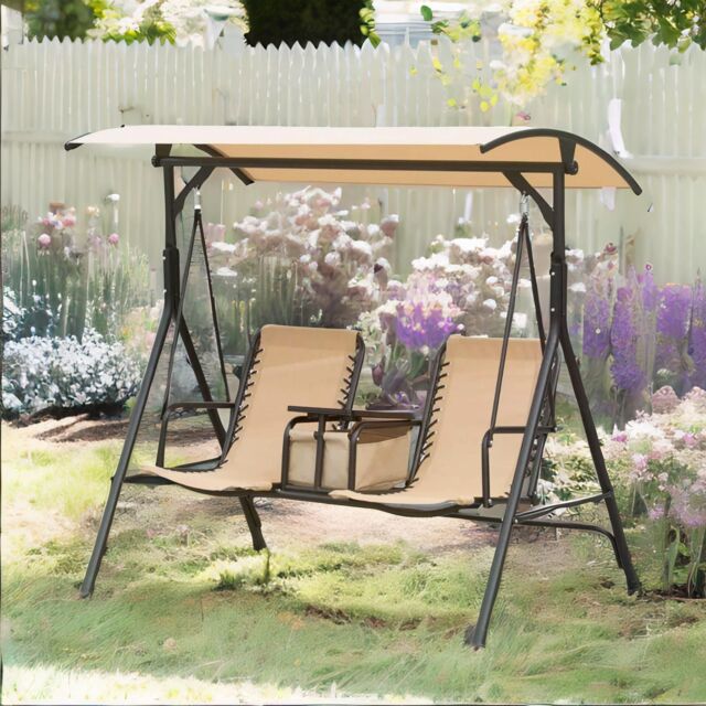 FURNOS 2 Seater Garden Swinging Chair With Pivot Table in Beige - image 1