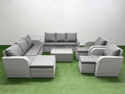 Fimous PE Rattan High Back Lounge Sofa Set Patio Coffee Table & Chairs Set with 3 Seater Sofa Reclining Chair 3 Stools Side Table Light Grey - thumbnail 2