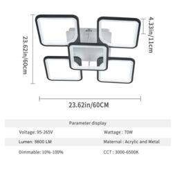 Garwarm Black 70W Acrylic Metal Dimmable 5 Heads Squares LED Ceiling Light with Remote - thumbnail 6