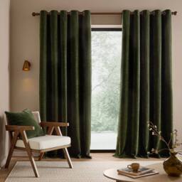 Yard Heath Washed Velvet Fully Lined Eyelet Curtain Pair in Olive - Size: 229 cm width x 137 cm drop - thumbnail 4
