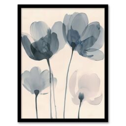 "Artery8 Soft Black White Light Watercolour Poppy Flowers Framed Art Print in Blue - Size: W12"" x H16""" - thumbnail 1