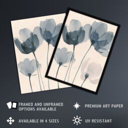 "Artery8 Soft Black White Light Watercolour Poppy Flowers Framed Art Print in Blue - Size: W12"" x H16""" - thumbnail 2