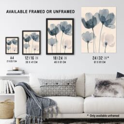"Artery8 Soft Black White Light Watercolour Poppy Flowers Framed Art Print in Blue - Size: W12"" x H16""" - thumbnail 3