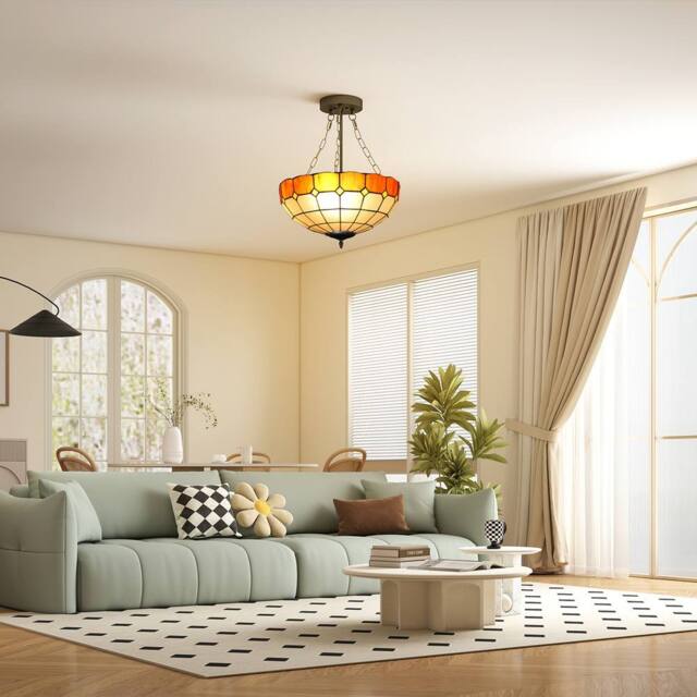 HOMCOM Ceiling Light, Vintage Tiffany Style Chandelier with Sockets in Orange - image 1