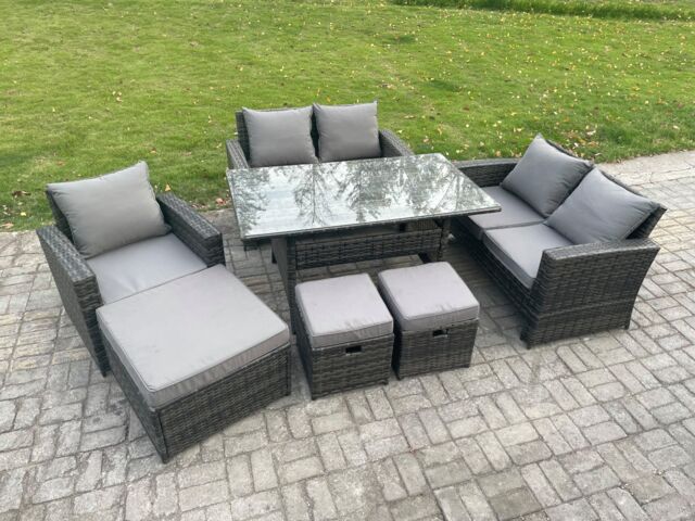 Fimous 8 Seater Outdoor Garden Dining Set Wicker PE Rattan Furniture Sofa with Dining Table Double Seat Sofa Dark Grey Mixed