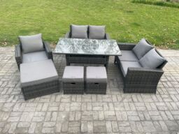 Fimous 8 Seater Outdoor Garden Dining Set Wicker PE Rattan Furniture Sofa with Dining Table Double Seat Sofa Dark Grey Mixed - thumbnail 2