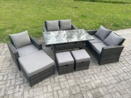 Fimous 8 Seater Outdoor Garden Dining Set Wicker PE Rattan Furniture Sofa with Dining Table Double Seat Sofa Dark Grey Mixed - thumbnail 1
