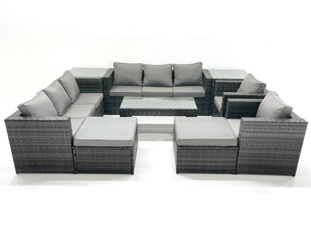 Fimous Rattan Garden Furniture Sofa Set with Coffee table Armchair 2 Side Tables 2 Big Footstools Dark Grey Mixed - image 1