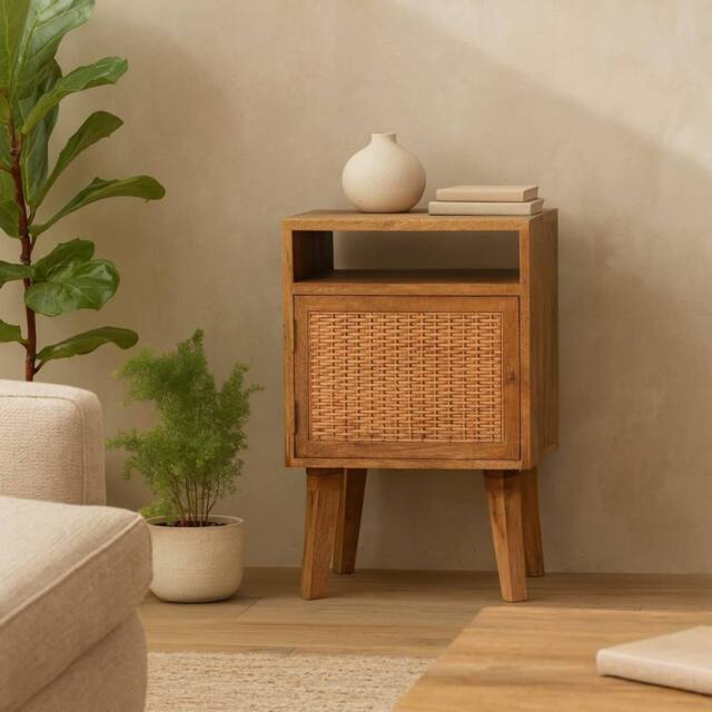 Wyld Haus Breil Natural Mango Wood Bedside Table with Rattan Door in Brown - image 1