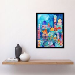 "Artery8 Wall Art Print Morocco Cityscape Moonlight Folk Art Framed in Black - Size: W12"" x H16""" - thumbnail 2