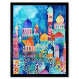 "Artery8 Wall Art Print Morocco Cityscape Moonlight Folk Art Framed in Black - Size: W12"" x H16""" - thumbnail 1