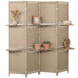 HOMCOM 4 Panel Folding Wall Divider Room with Shelves Privacy Screen Panels in Brown - thumbnail 2