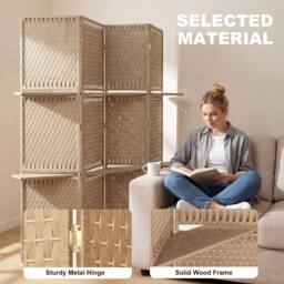 HOMCOM 4 Panel Folding Wall Divider Room with Shelves Privacy Screen Panels in Brown - thumbnail 6
