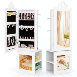 Costway Kids Jewelry Armoire 3-in-1 Jewelry Storage Organizer w/Mirror-White in White - thumbnail 1