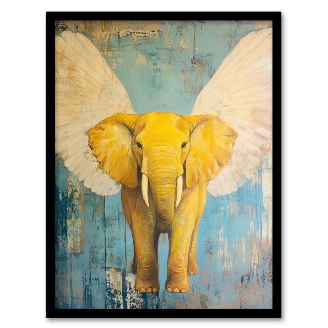 Artery8 Yellow Elephant With Angel Wings Oil Painting Framed Art Print - Size: A4 - image 1