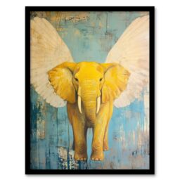 Artery8 Yellow Elephant With Angel Wings Oil Painting Framed Art Print - Size: A4 - thumbnail 1