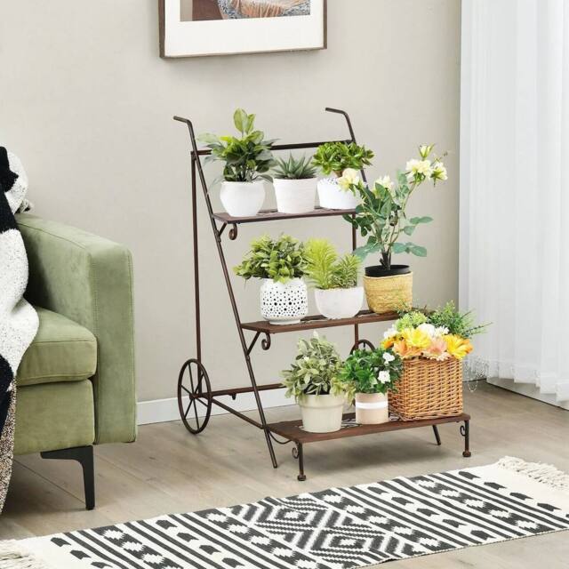 Kelvenix 3-Tier Metal Plant Stand Ladder Shaped in Brown - image 1