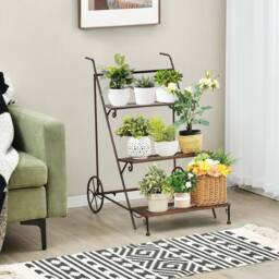 Kelvenix 3-Tier Metal Plant Stand Ladder Shaped in Brown
