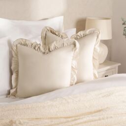 OHS 2 x Plain Faux Linen Frill Cushion Covers in Light Beige - Size: 45 cm x 45 cm