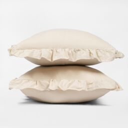 OHS 2 x Plain Faux Linen Frill Cushion Covers in Light Beige - Size: 45 cm x 45 cm - thumbnail 4