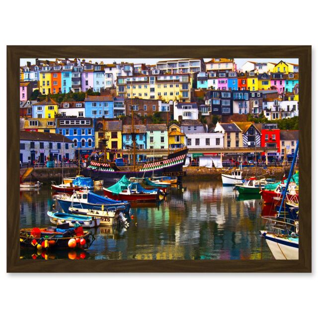 Artery8 Photo Cityscape Brixham Devon England Harbour Boats UK Artwork Framed Wall Art Print A4 in Brown - image 1