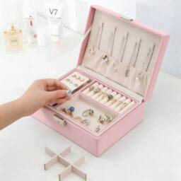 VOGREX Large Portable Travel Jewellery Box Ornament Storage Organiser Case in Pink - thumbnail 3
