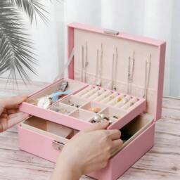 VOGREX Large Portable Travel Jewellery Box Ornament Storage Organiser Case in Pink - thumbnail 4
